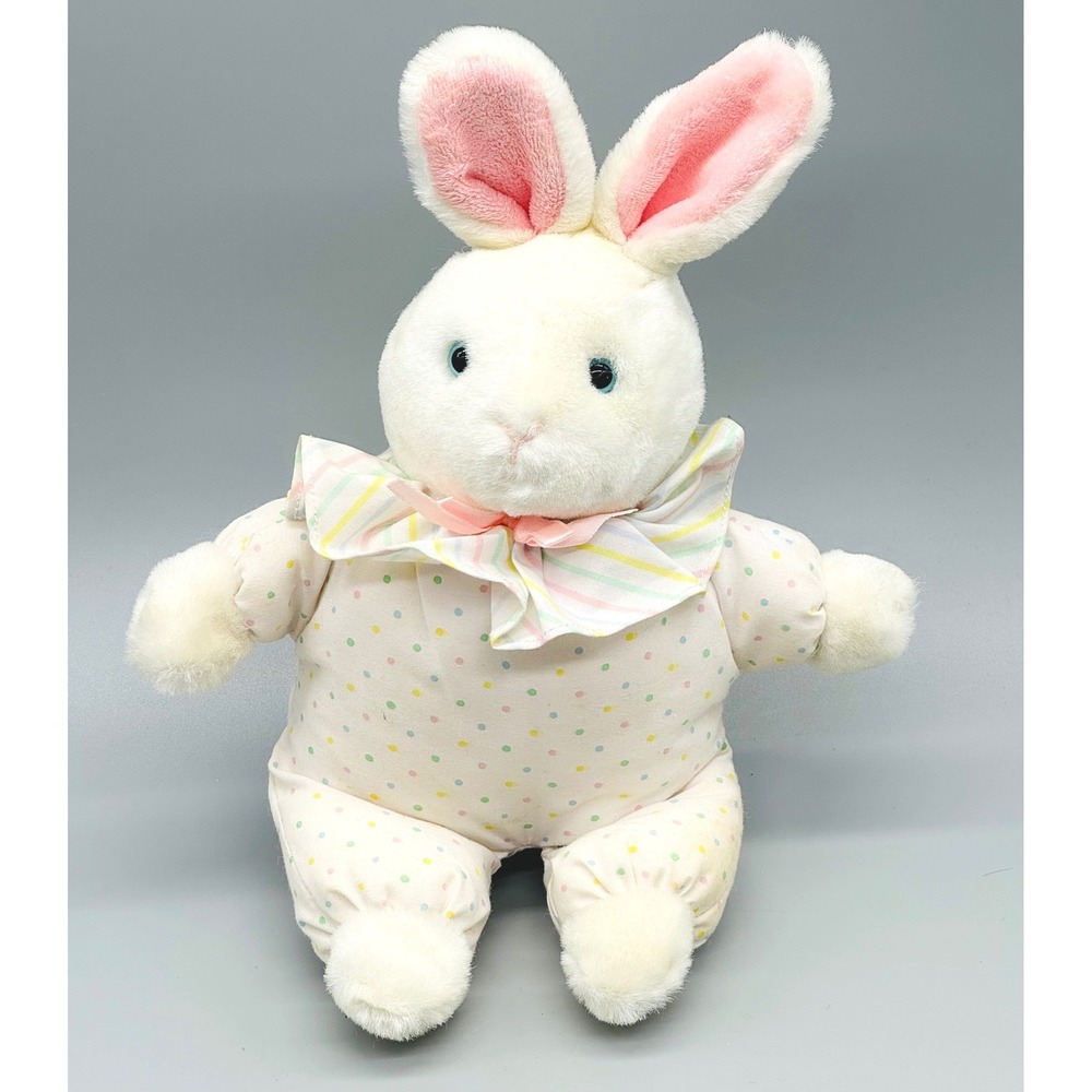 Eden Plush Bunny White Polka Dot Wind Up Musical Toy Pastel Ruffle Collar‎